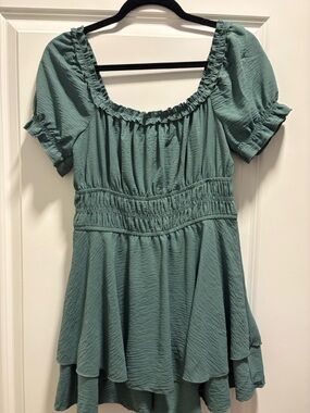 Inspired Hearts Sage Green Puff Sleeve Smocked Peplum Tunic